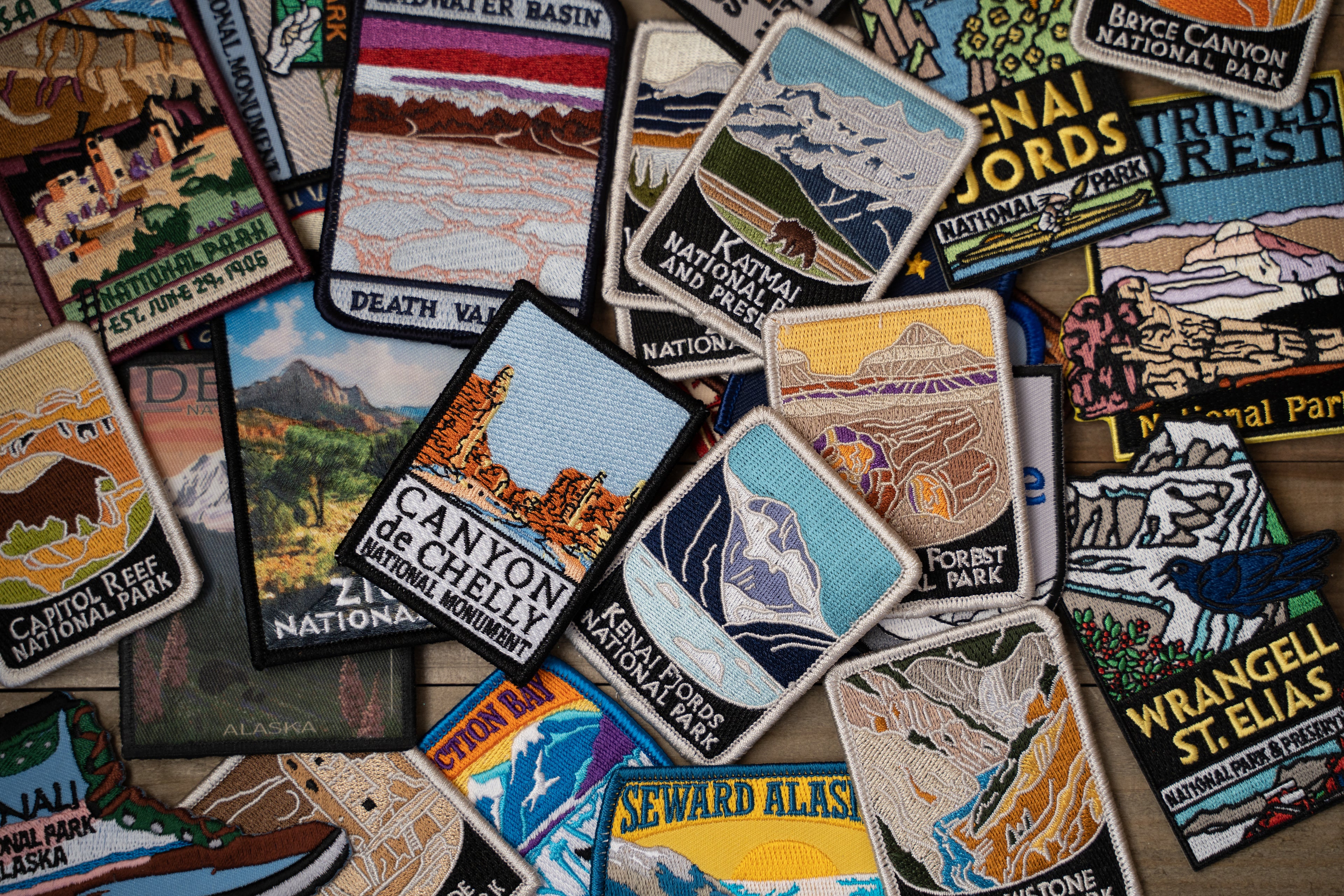 Custom patches arranged on a table.