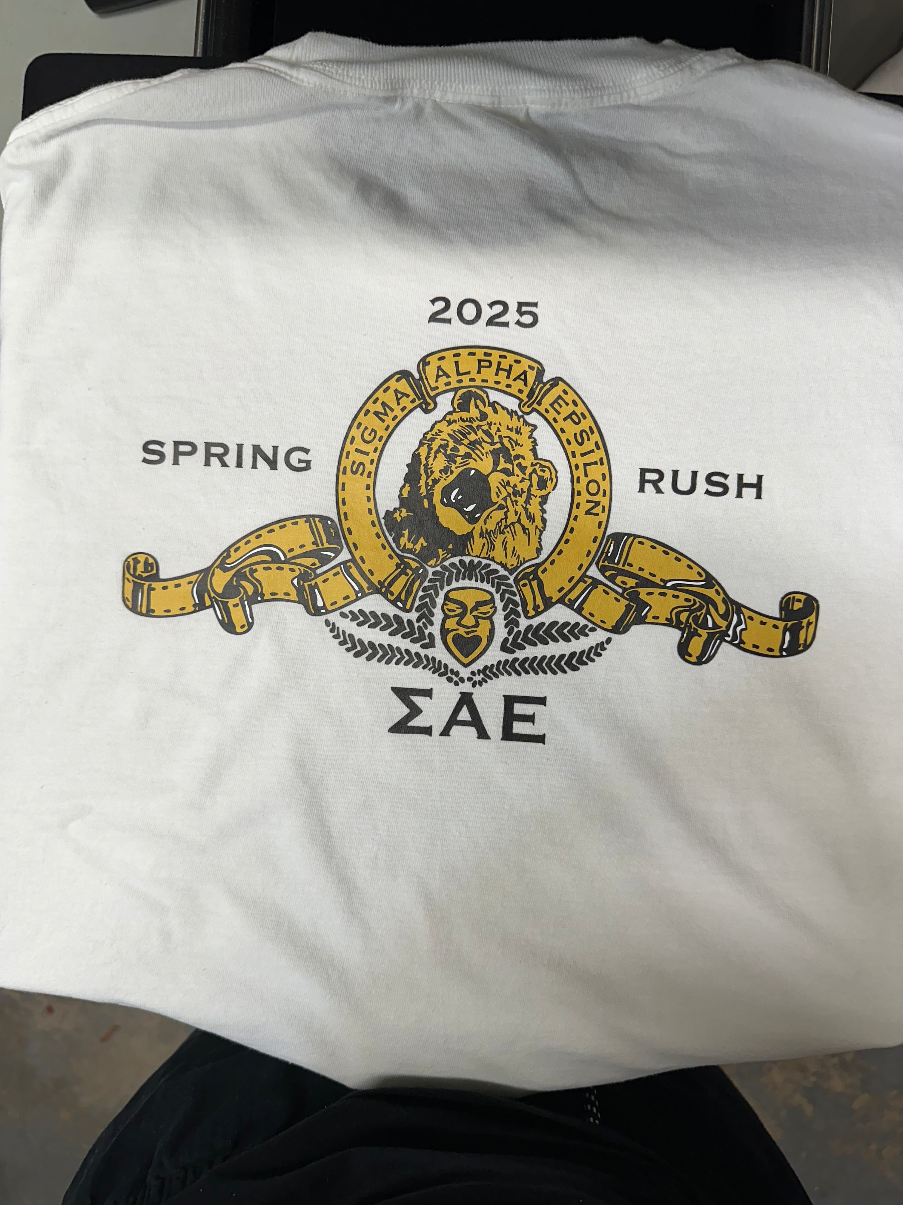 White shirt with a yellow and black lion emblem and text on a white background