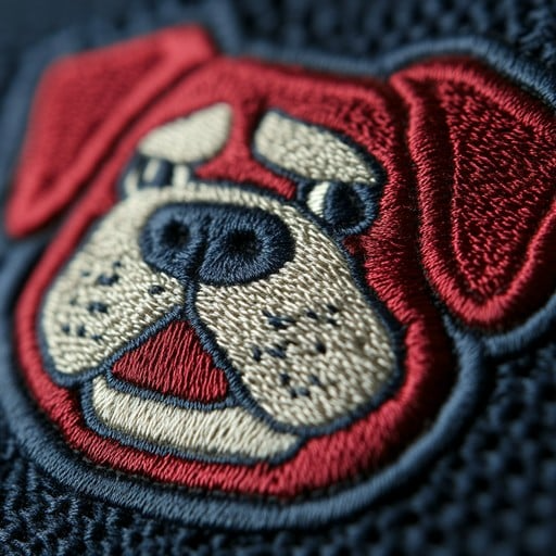 Embroidered patch of a dog's face with a red bandana on a dark background