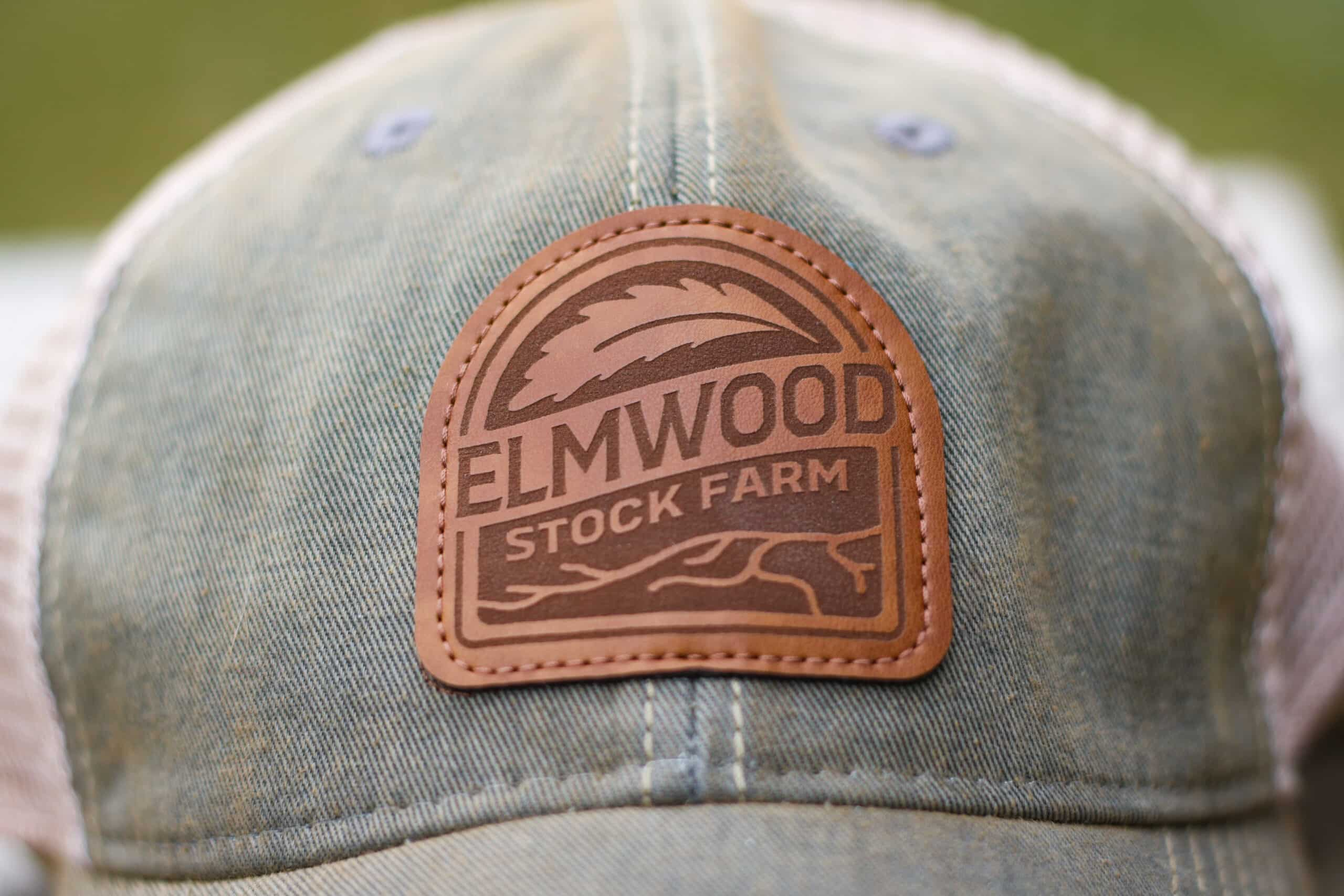 Green cap with a brown leather patch. 