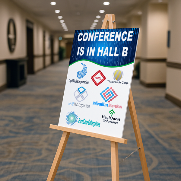 Conference sign with logos in a hallway